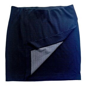 J JILL Ponte Blue Black Houndstooth Faux Wrap Pencil Skirt sz L